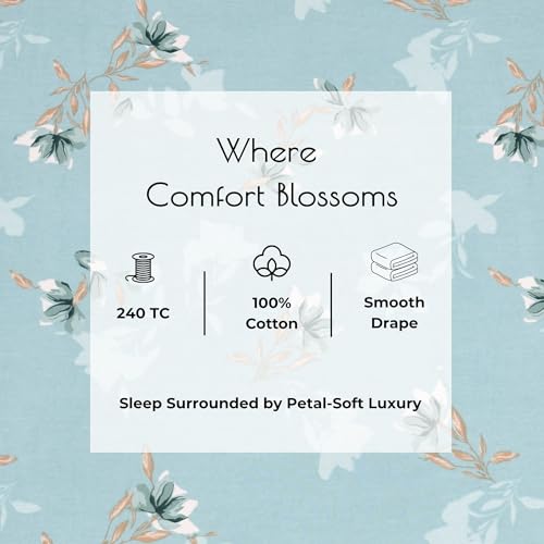 Plumora Cotton King Size Bedsheet 104x108 Super King, 100% Pure Cotton Bed Sheet with 2 Pillow Covers, 240 TC Soft Breathable Floral Design Bedding - (Serene Blue, Super King) - Image 5
