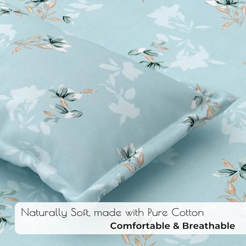 Plumora Cotton King Size Bedsheet 104x108 Super King, 100% Pure Cotton Bed Sheet with 2 Pillow Covers, 240 TC Soft Breathable Floral Design Bedding - (Serene Blue, Super King) - Image 2