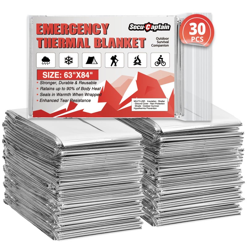 SecuCaptain Survival Emergency Thermal Blankets: 30 Pack Extra Large 84â€ x63â€ Space Mylar Blanket Kit for Outdoor Cold Winter Camping Hiking Car Bug Out Bag or First Aid - Image 1
