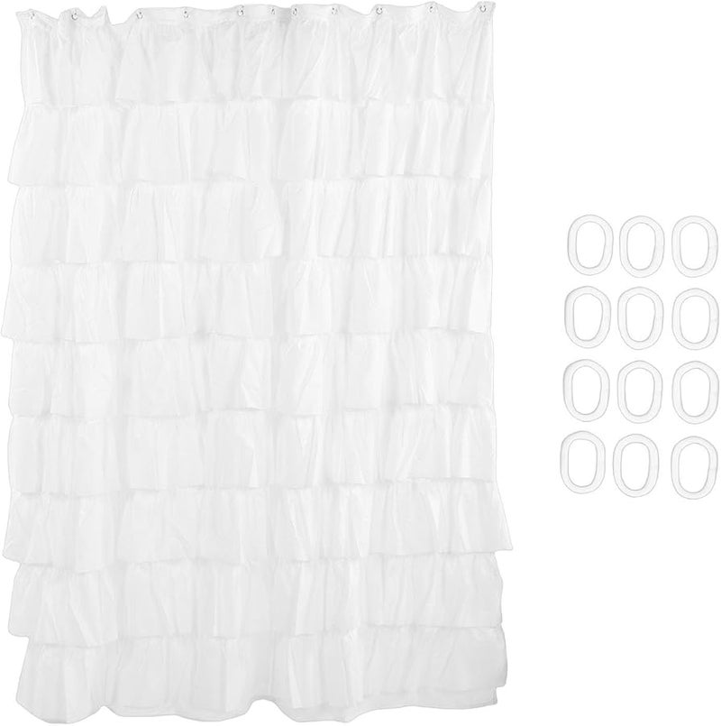 White Shower Curtain 10 Layer Ruffled Hem Transparent Mesh Retro Bohemian Bathroom Decor 70 9x70 9 Inches - Image 1