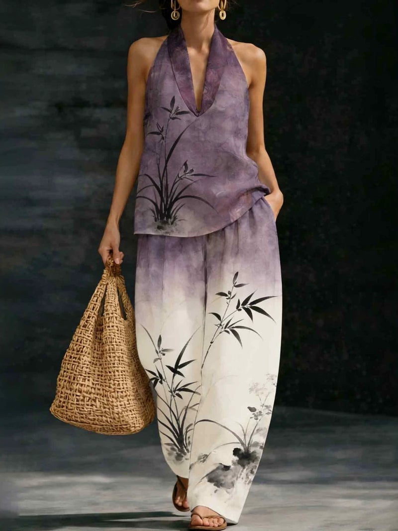 Women's Halter Neck V-Neck Print Sleeveless Casual Suit - Image 2