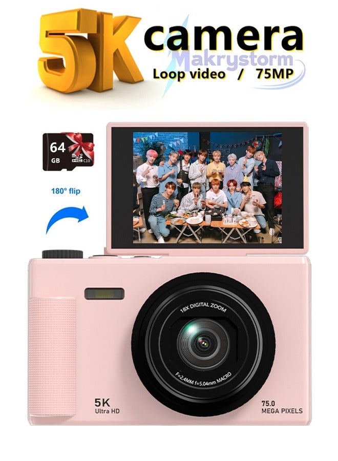 Makrystorm 5K Digital Camera, 75MP Camera Digital for Photography, Point and Shoot Camara with 64GB Micro SD Card, 18X Digital Camera with 2.8" 180° Flip Screen, Vlogging Camera for Beginner Gift - Image 1