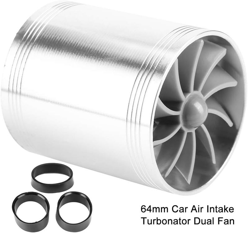 woobles for air intake fan turbo  Car Air Intake Turbonator,Universal Aluminum Alloy Turbonator Dual Fan Turbine Charger Gas Fuel Saver Turbo with Rubber Holder(Silver) Silver - Image 3