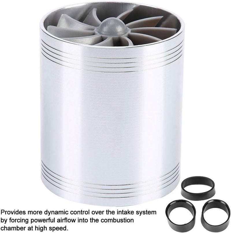 woobles for air intake fan turbo  Car Air Intake Turbonator,Universal Aluminum Alloy Turbonator Dual Fan Turbine Charger Gas Fuel Saver Turbo with Rubber Holder(Silver) Silver - Image 2