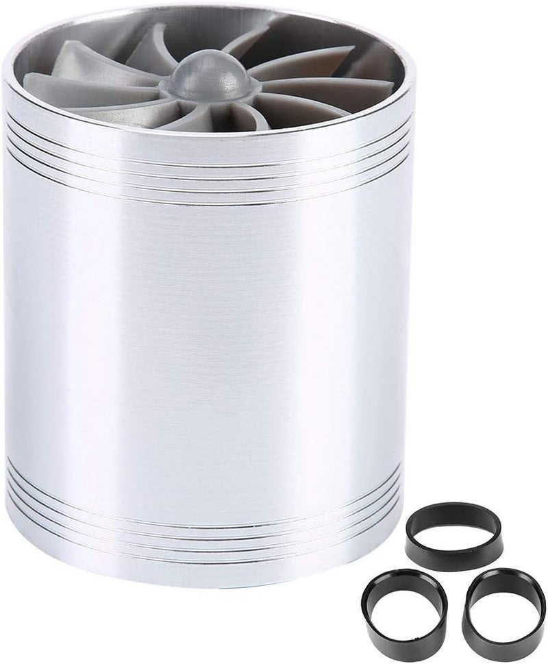 woobles for air intake fan turbo  Car Air Intake Turbonator,Universal Aluminum Alloy Turbonator Dual Fan Turbine Charger Gas Fuel Saver Turbo with Rubber Holder(Silver) Silver - Image 1