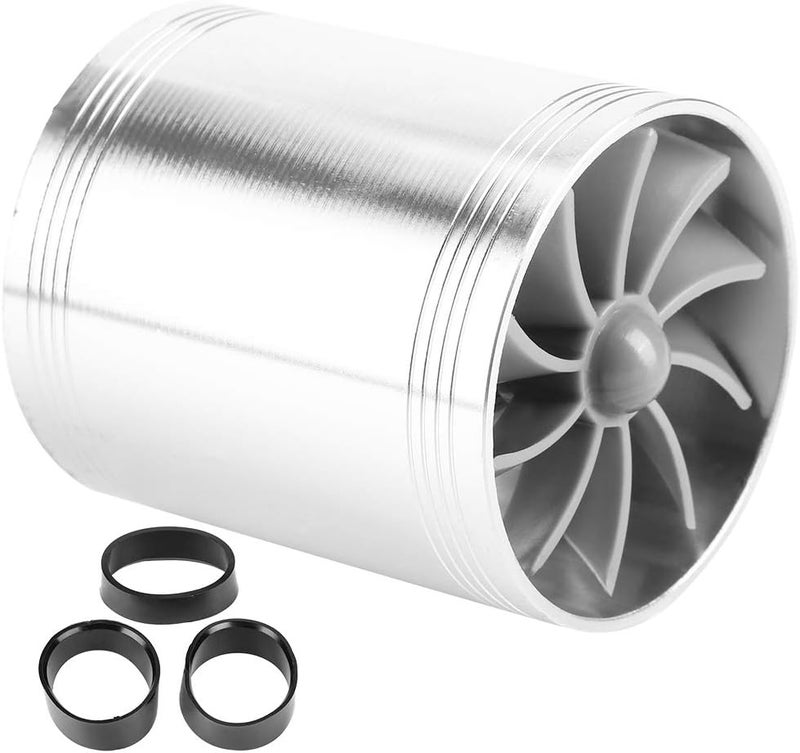 woobles for air intake fan turbo  Car Air Intake Turbonator,Universal Aluminum Alloy Turbonator Dual Fan Turbine Charger Gas Fuel Saver Turbo with Rubber Holder(Silver) Silver - Image 5