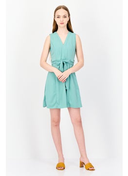 DeFacto Women Solid Belted Mini Dress, Aqua Blue  - Image 4