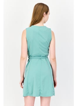 DeFacto Women Solid Belted Mini Dress, Aqua Blue  - Image 2