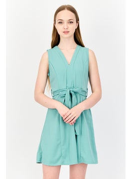 DeFacto Women Solid Belted Mini Dress, Aqua Blue  - Image 1