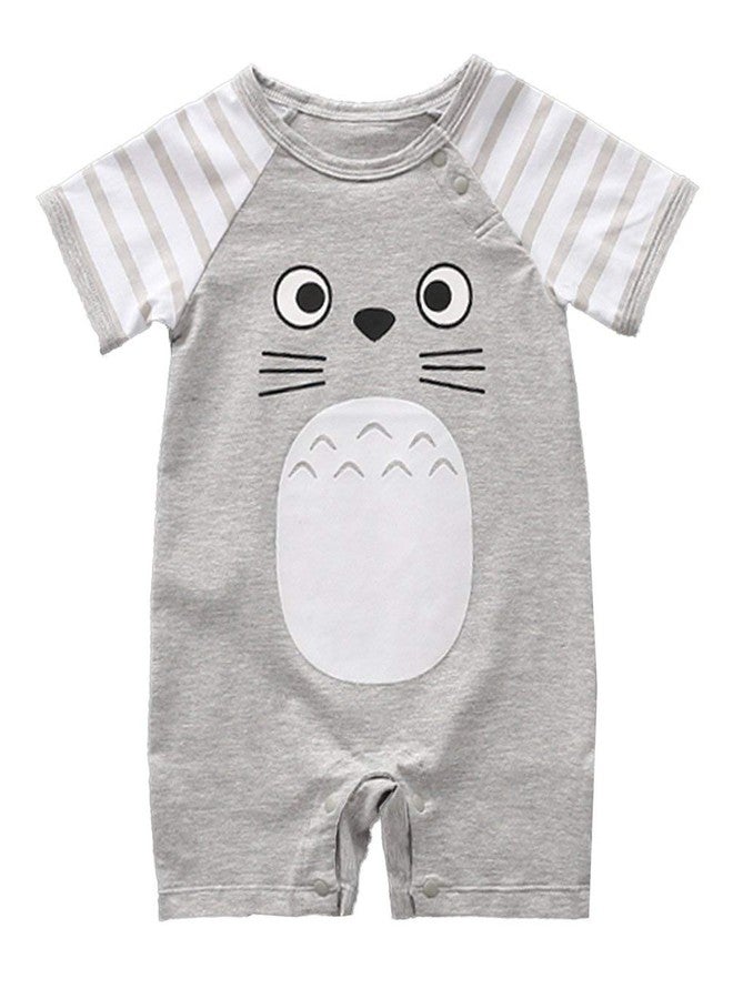 stylesilove Unisex Baby Cotton Onesie - Short Sleeve Outfit with Cute Graphics, Striped Sleeves, 3-6 Months, Grey - Image 1