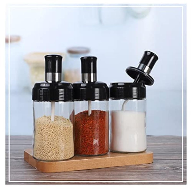 PALVOX-Seasoning Jars with Spoons Set of 5Condiment Pots Spice Jars with, Combination Spoon and Lid Design Glass Seasoning Jars 300ml/10 oz& 2 Olive Oil Bottles Dispenser (5PCS Spice set) - Image 5