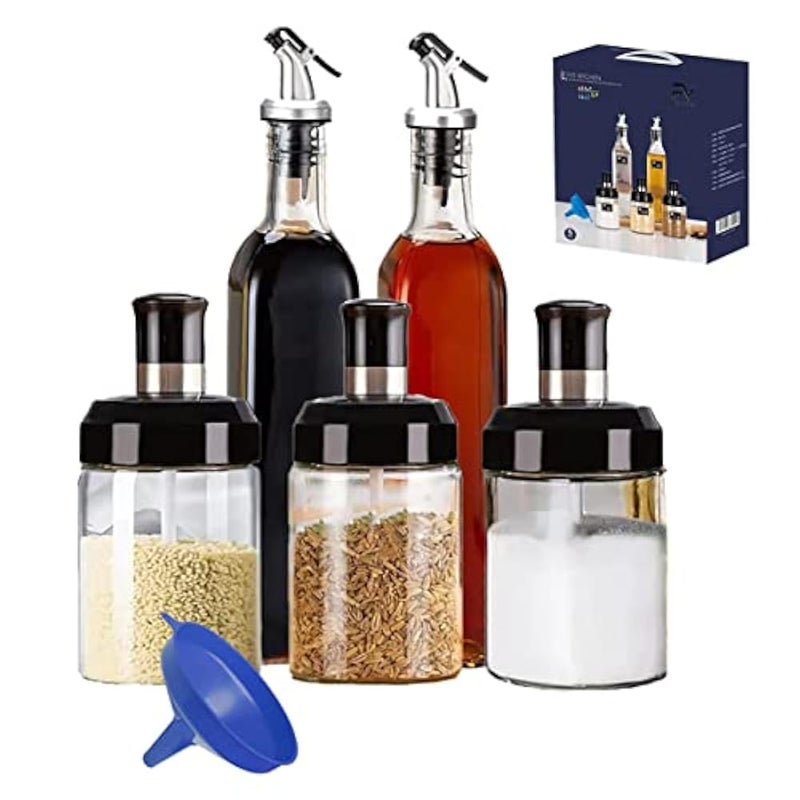 PALVOX-Seasoning Jars with Spoons Set of 5Condiment Pots Spice Jars with, Combination Spoon and Lid Design Glass Seasoning Jars 300ml/10 oz& 2 Olive Oil Bottles Dispenser (5PCS Spice set) - Image 1
