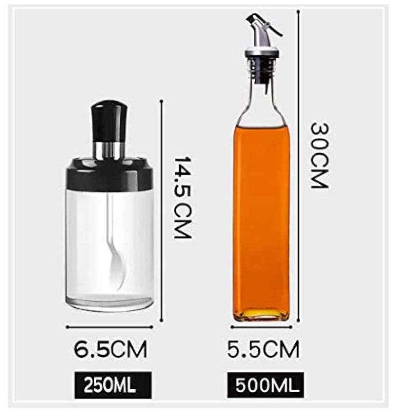 PALVOX-Seasoning Jars with Spoons Set of 5Condiment Pots Spice Jars with, Combination Spoon and Lid Design Glass Seasoning Jars 300ml/10 oz& 2 Olive Oil Bottles Dispenser (5PCS Spice set) - Image 2