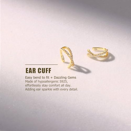 KRFY 2Pcs Adjustable Ear Cuff S925 Sterling Silver Ear Cuffs Non Piercing Cuff Earrings for Women Gold Plated 5A Cubic Zirconia Clip On Cartilage Helix Conch Fake Earrings Hypoallergenic - Image 2