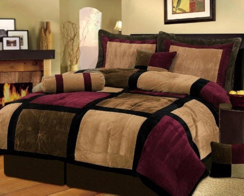 Grand Linen Grand Linen 7 Piece Burgundy Brown Black Bed in a Bag Micro Suede Queen Comforter Set with Accent Pillows 