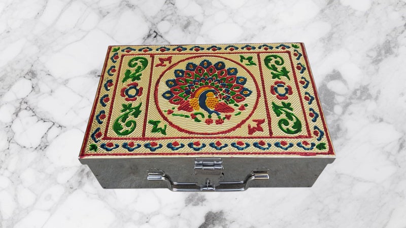 GvanyS Stainless Steel Storage Boxes for Pooja, Vanity, Safe Locker and Cash Box With Handicrafts Digital Meenakari Laser Print Design -9 inch(W-9 Inc, H-2.9 Inc, L-6 Inc.) - Image 5
