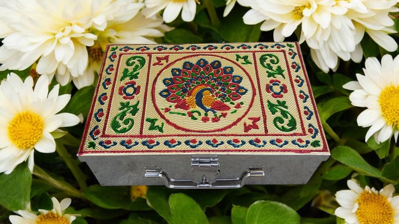 GvanyS Stainless Steel Storage Boxes for Pooja, Vanity, Safe Locker and Cash Box With Handicrafts Digital Meenakari Laser Print Design -9 inch(W-9 Inc, H-2.9 Inc, L-6 Inc.) - Image 3