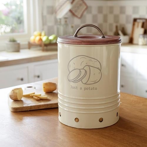 Ellementry Egg Shell Metal Potato Storage Bin with Wooden Lid - 4 Kg, Airtight Metal Vegetable Storage Container, Kitchen Organizer for Potatoes, Onions & Garlic, Rustic Farmhouse Pantry Bin - Image 1