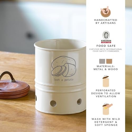 Ellementry Egg Shell Metal Potato Storage Bin with Wooden Lid - 4 Kg, Airtight Metal Vegetable Storage Container, Kitchen Organizer for Potatoes, Onions & Garlic, Rustic Farmhouse Pantry Bin - Image 2