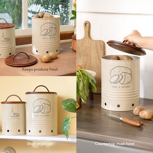 Ellementry Egg Shell Metal Potato Storage Bin with Wooden Lid - 4 Kg, Airtight Metal Vegetable Storage Container, Kitchen Organizer for Potatoes, Onions & Garlic, Rustic Farmhouse Pantry Bin - Image 3
