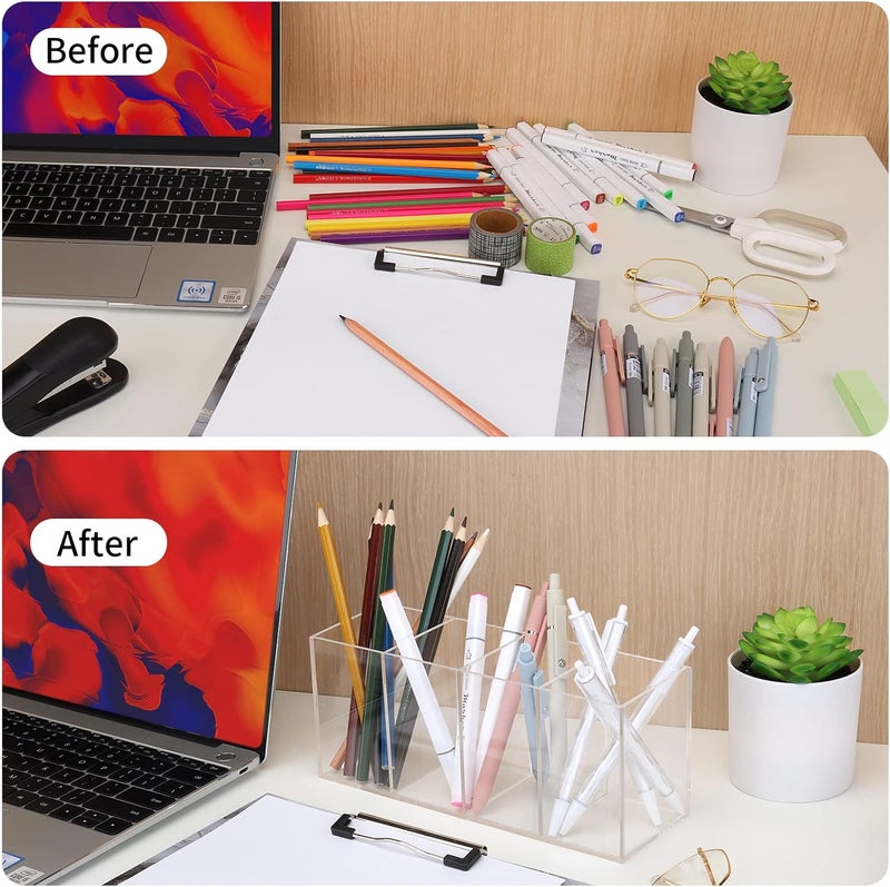 Uquelic Acrylic Pen Holder - Clear Pencil Holder Desk Organiser Makeup Brush Holder Pen Pot Organiser for Office School Household Supplies (22.5 x 7.6 x 9.5 cm) - Image 3