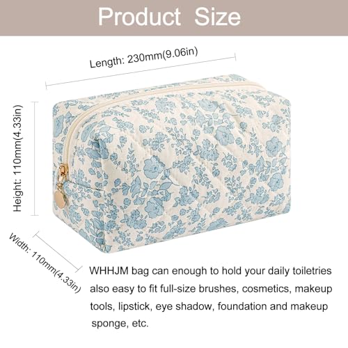 WHHJM Cute Floral Makeup Bag Small Cotton Quilted Cosmetic Bag, Aesthetic Essential Bag Emergency Bag Gift for Women Girls Travel Accessories (Blue Floral) - Image 3