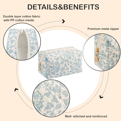 WHHJM Cute Floral Makeup Bag Small Cotton Quilted Cosmetic Bag, Aesthetic Essential Bag Emergency Bag Gift for Women Girls Travel Accessories (Blue Floral) - Image 4