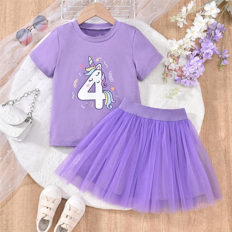 CPEI 4th Birthday Outfit Girl,4 Year Old Fourth Four Shirt Skirt Outfit for Toddler Girls (Purple, 4T) - Image 2