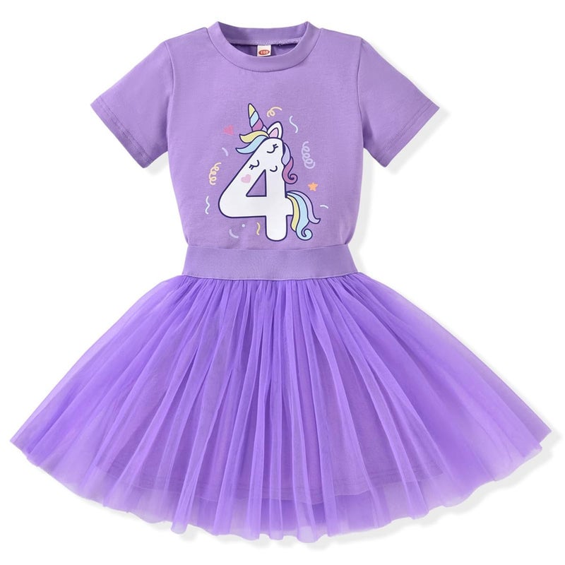 CPEI 4th Birthday Outfit Girl,4 Year Old Fourth Four Shirt Skirt Outfit for Toddler Girls (Purple, 4T) - Image 1