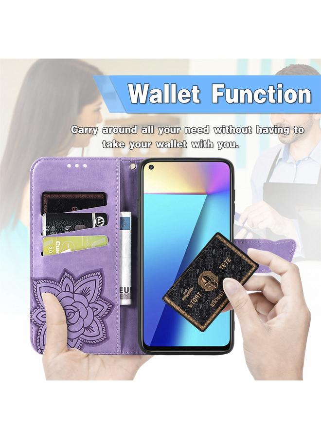 اس-توب جراب جلدي أفقي قابل للطي منقوش عليه زهور حب الفراشات مع حامل وفتحات للبطاقات ومحفظة وحبل لهاتف Infinix Note 7 - Image 5