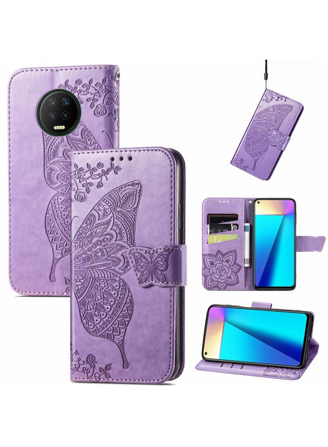 اس-توب جراب جلدي أفقي قابل للطي منقوش عليه زهور حب الفراشات مع حامل وفتحات للبطاقات ومحفظة وحبل لهاتف Infinix Note 7 - Image 1