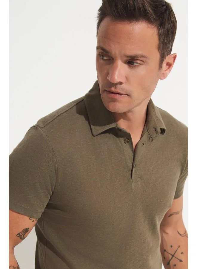 جون June Men Linen Looked Neck T-Shirt Khaki
