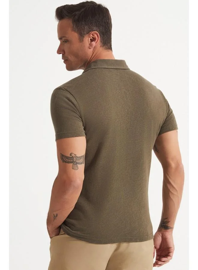 جون June Men Linen Looked Neck T-Shirt Khaki