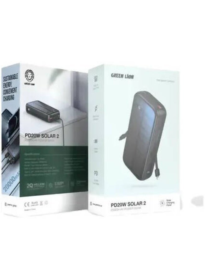 GreenLion Green Lion PD2OW Solar 2 Power Bank, 2x QC 3.0 Output, 20W Power Delivery Output, 20000mAh Battery Capacity, Overvoltage Protection, Short Circuit Protection, Black - Image 2