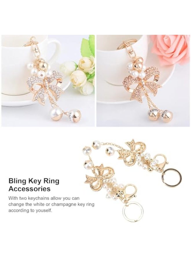 أزونى 2 قطعة سلسلة مفاتيح مزينة بالأحجار الكريمة، حلية دبابيس من سبيكة على شكل رباط مع لؤلؤة، هدية للنساء والفتيات، حلية فريدة لحقائب اليد - Image 4