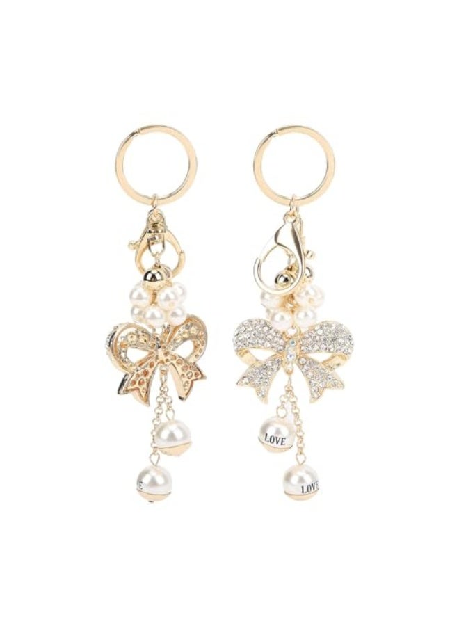 أزونى 2 قطعة سلسلة مفاتيح مزينة بالأحجار الكريمة، حلية دبابيس من سبيكة على شكل رباط مع لؤلؤة، هدية للنساء والفتيات، حلية فريدة لحقائب اليد - Image 1