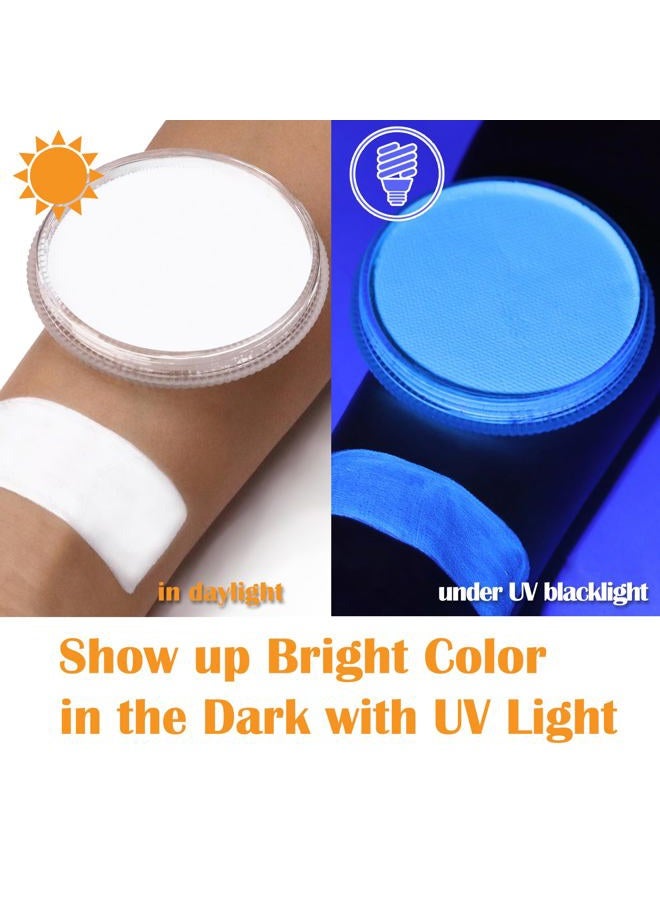 MEICOLY طلاء وجه نيون، طلاء جسم يتلألأ في الظلام، طلاء وجه مائي مفعّل بالفلوريسنت للبالغين والأطفال، طلاء وجه أبيض بلون واحد لعيد الهالوين، 1.05 أونصة، أبيض/أزرق UV - Image 3