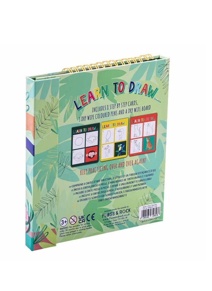 Floss & Rock - Floss & Rock Jungle Learn to Draw - Kids Creative Drawing Kit includes 8 step-by-step cards, 3 Dry Wipe Colored Pens, and A Dry Wipe Board - Image 1