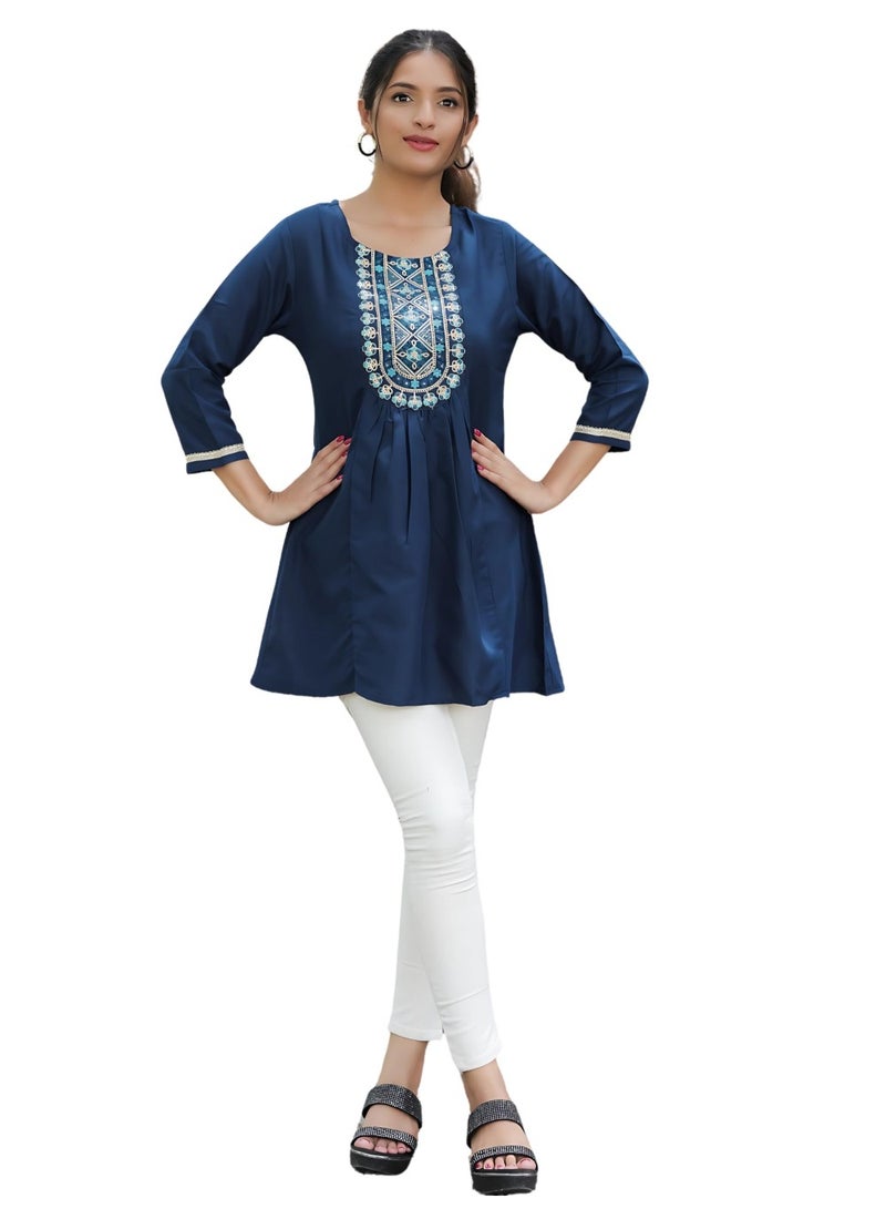 Naixa Women's Petrol Rayon Embroidered Fit and Flared Kurta (NX-TP04-Petrol-L) - Image 1