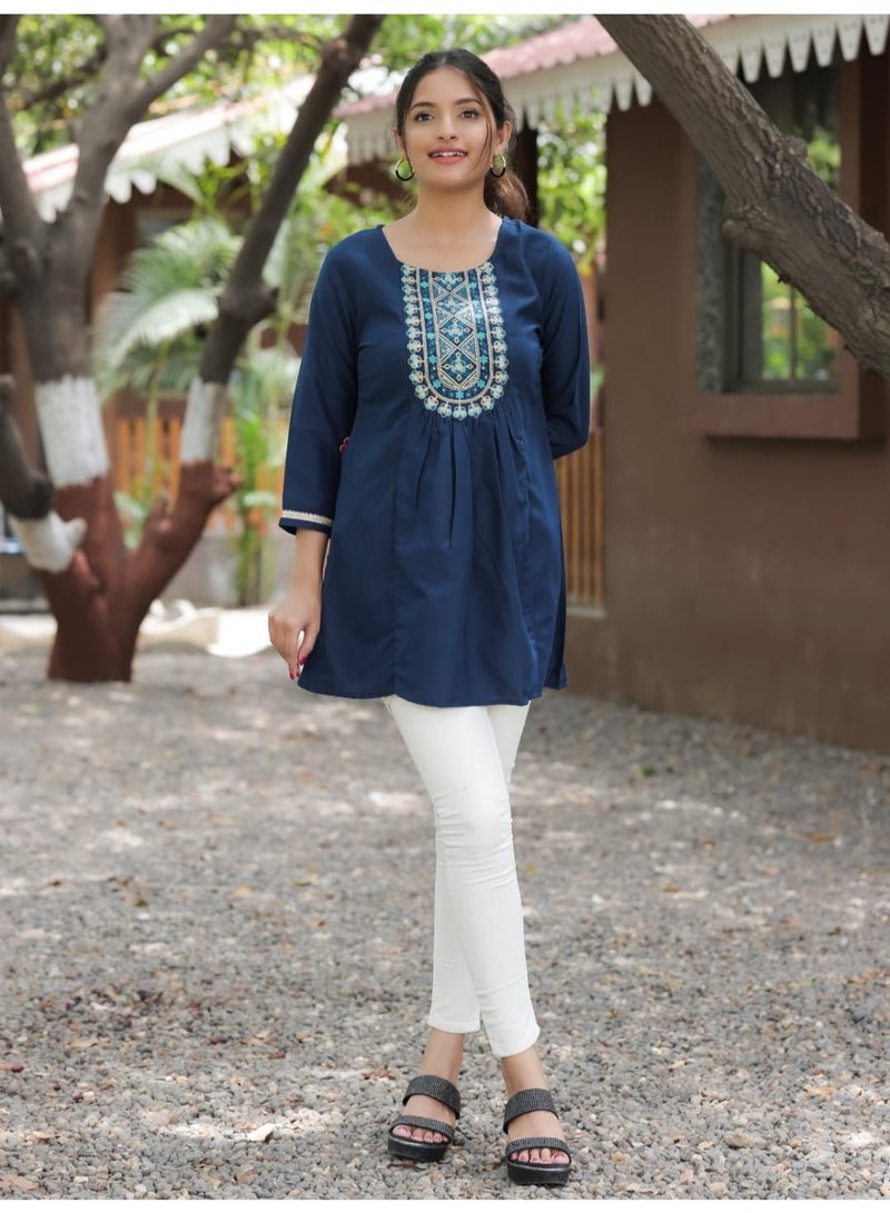 Naixa Women's Petrol Rayon Embroidered Fit and Flared Kurta (NX-TP04-Petrol-L) - Image 3