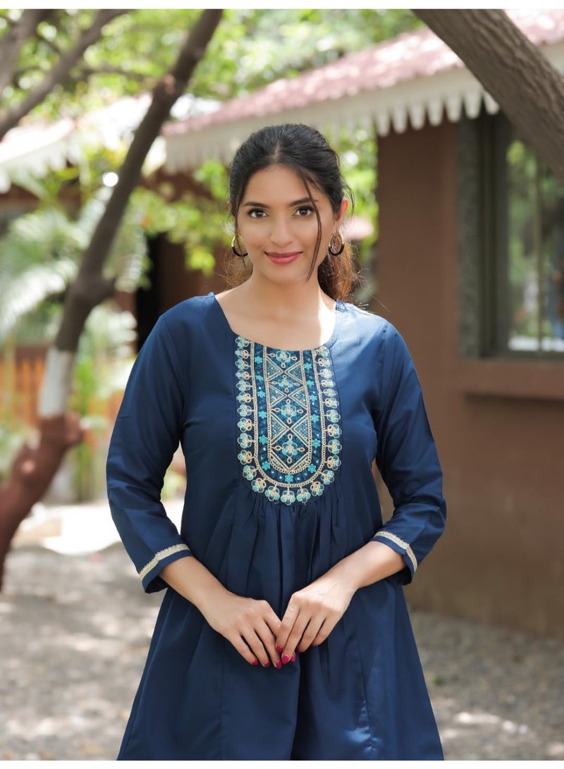 Naixa Women's Petrol Rayon Embroidered Fit and Flared Kurta (NX-TP04-Petrol-L) - Image 5
