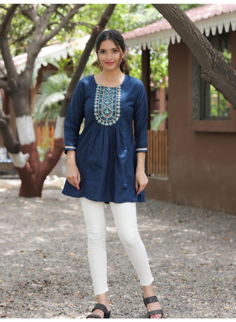 Naixa Women's Petrol Rayon Embroidered Fit and Flared Kurta (NX-TP04-Petrol-L) - Image 2