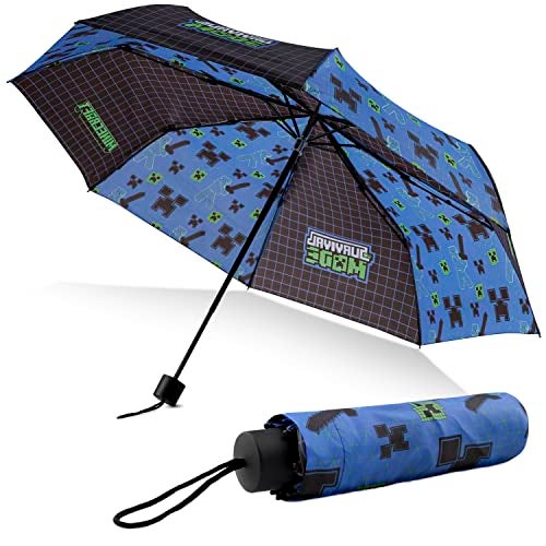 Minecraft Folding Umbrellas for Boys Girls Durable Compact Umbrella Windproof Travel Umbrella for Teens and Gamers (Black/Blue) - Image 1