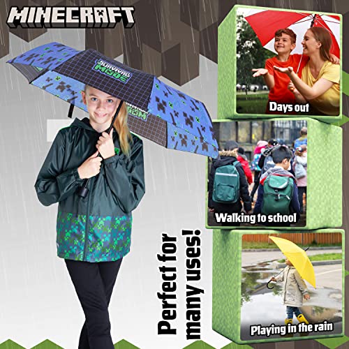 Minecraft Folding Umbrellas for Boys Girls Durable Compact Umbrella Windproof Travel Umbrella for Teens and Gamers (Black/Blue) - Image 2