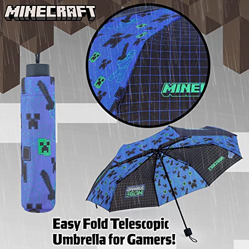Minecraft Folding Umbrellas for Boys Girls Durable Compact Umbrella Windproof Travel Umbrella for Teens and Gamers (Black/Blue) - Image 4