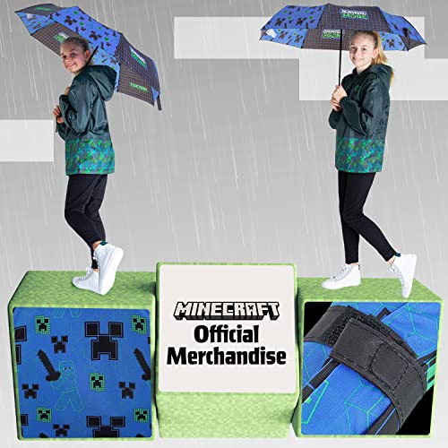 Minecraft Folding Umbrellas for Boys Girls Durable Compact Umbrella Windproof Travel Umbrella for Teens and Gamers (Black/Blue) - Image 5