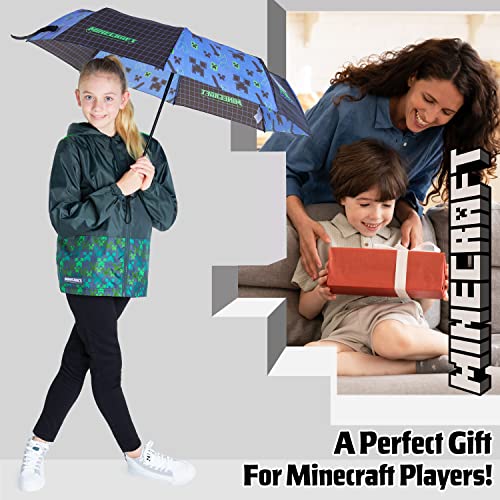 Minecraft Folding Umbrellas for Boys Girls Durable Compact Umbrella Windproof Travel Umbrella for Teens and Gamers (Black/Blue) - Image 3