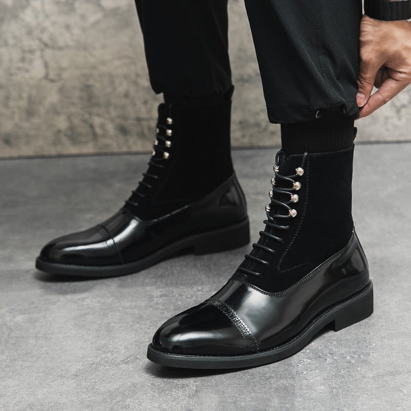 Business Leather Boots Men'S Plus Size Fashion Stitching Cowboy Boots British Solid Color Casual High-Top Ankle Boots - Image 3