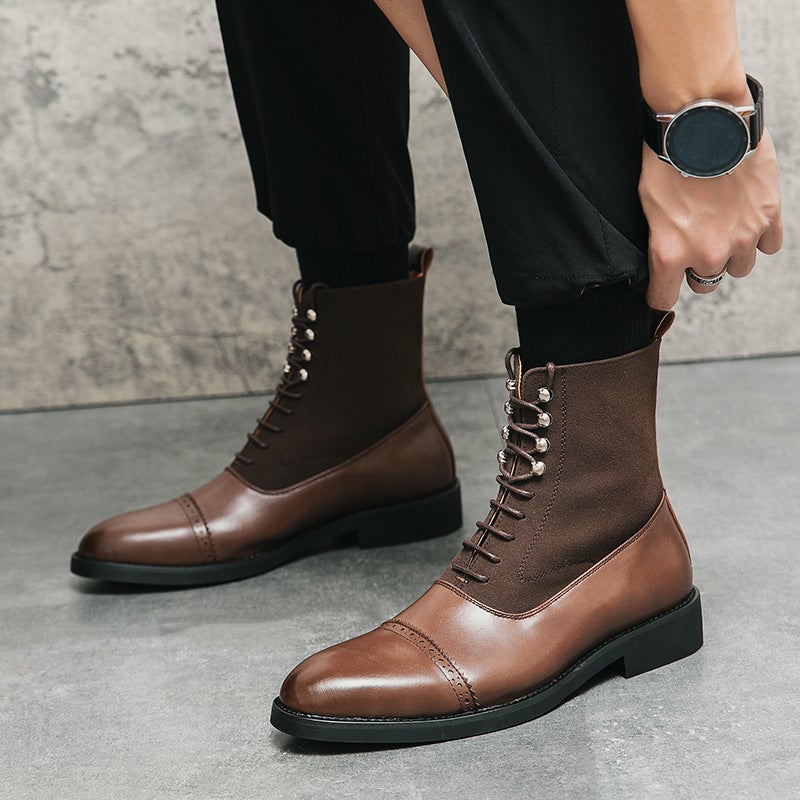 Business Leather Boots Men'S Plus Size Fashion Stitching Cowboy Boots British Solid Color Casual High-Top Ankle Boots - Image 2