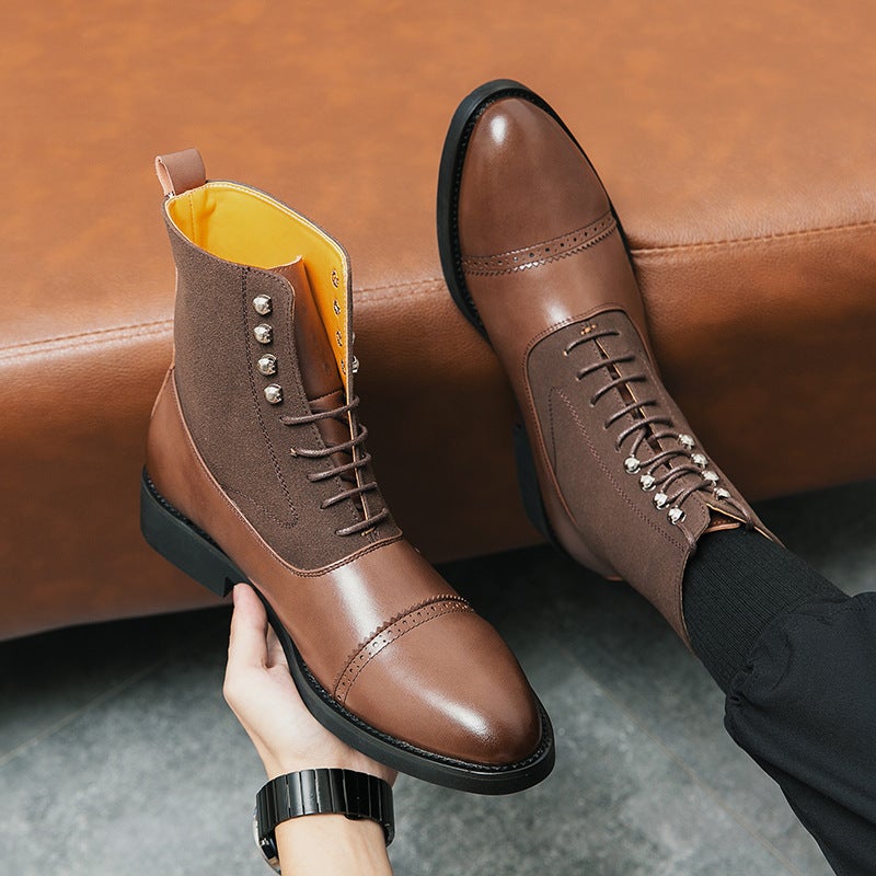 Business Leather Boots Men'S Plus Size Fashion Stitching Cowboy Boots British Solid Color Casual High-Top Ankle Boots - Image 4